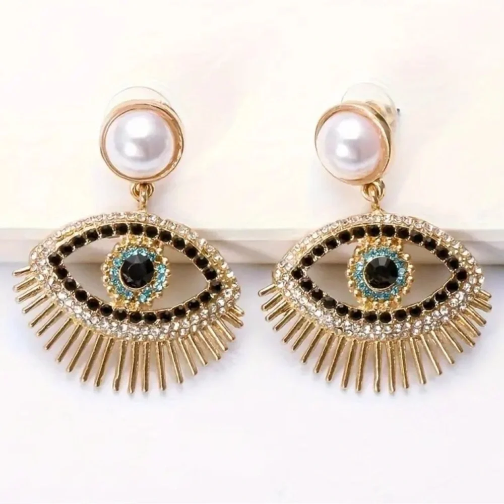 Boho-Chic Evil Eye Drop Earrings. Rhinestone Pearl Holiday Gift lucky Jewelry 🧿